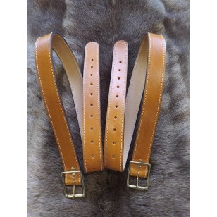 Straps - 1.5" wide x 40" long (two straps) saddle tan leather finished with solid brass roller buckle to match luggage straps